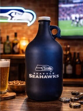 Seattle Seahawks 64oz Glass Growler | NFL Blue Beer Jug | Fan Gear